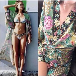 Boho Green floral print belt long boho kimono cardigan
